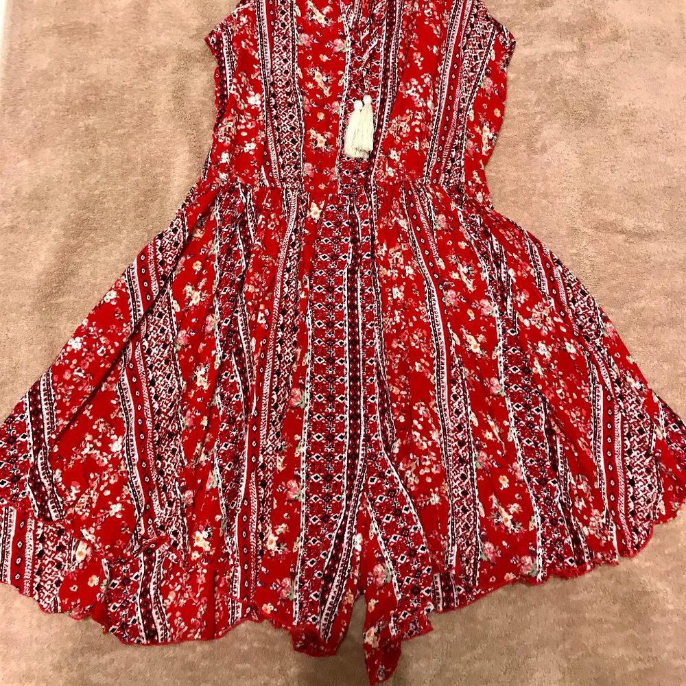 SHEIN Red Print Full Skirt Halter Romper — L